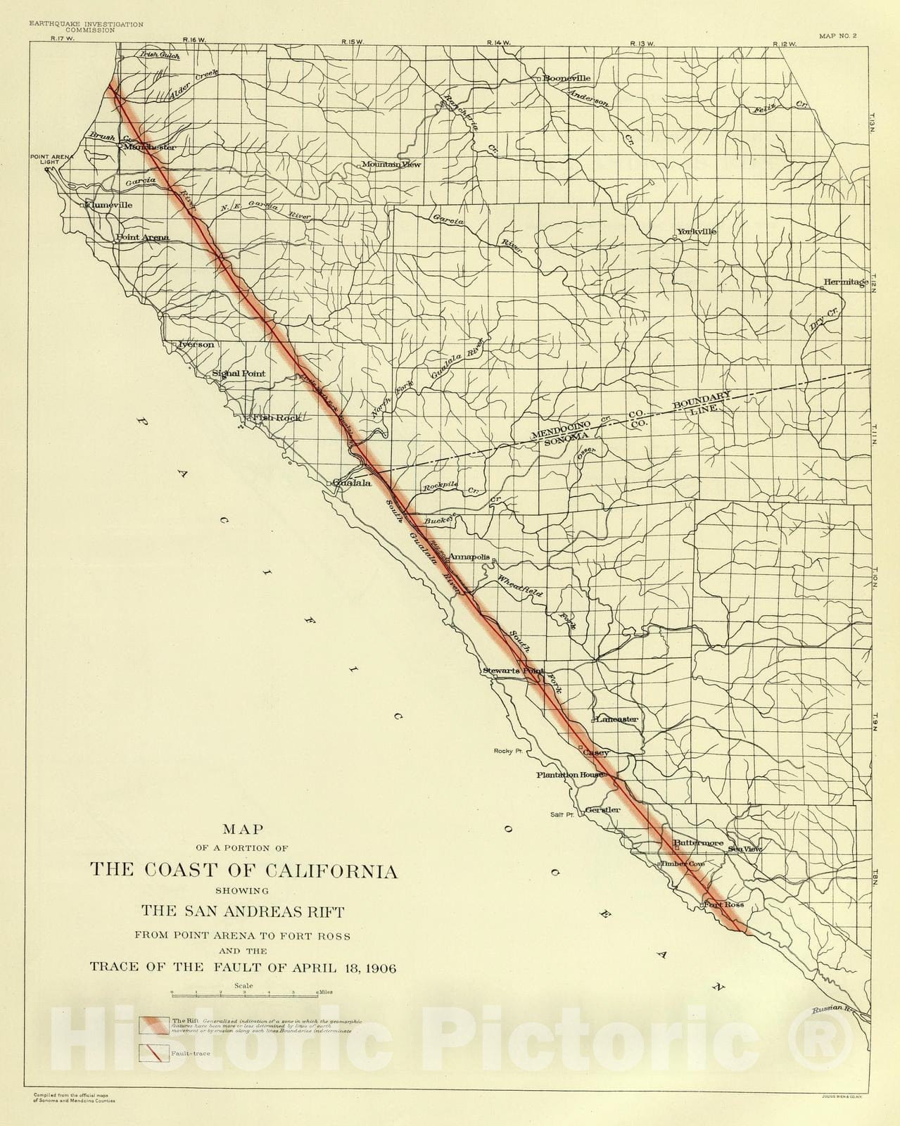 Historic Map : 1908 Coast of California showing San Andreas Rift. - Vintage Wall Art