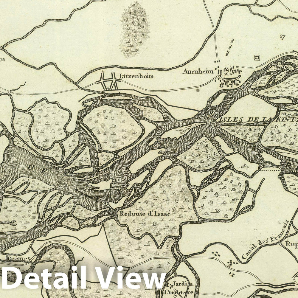 Historic Map : 1824 Map of the Course fo the Rhine, in the Environs of Strasbourg. - Vintage Wall Art
