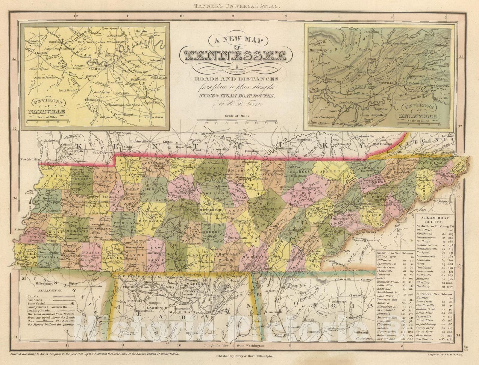 Historic Map : 1845 New Map Of Tennessee. - Vintage Wall Art