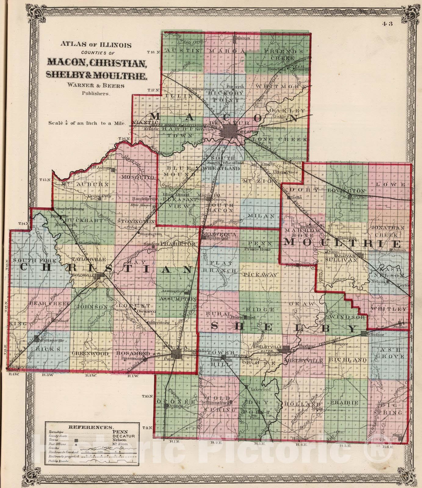 Historic Map : National Atlas - 1872 Atlas of Illinois, Counties of Macon, Christian, Shelby, and Moultrie. - Vintage Wall Art
