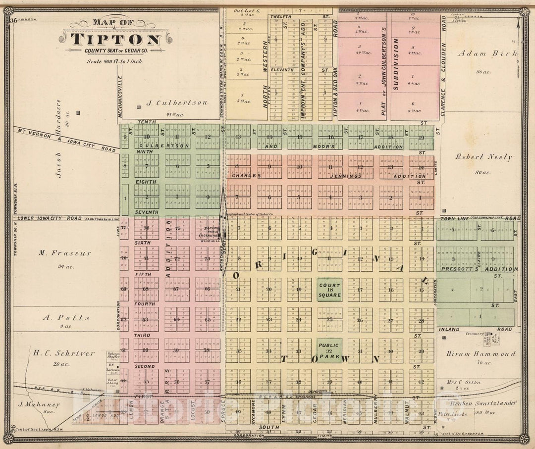 Historic Map : 1885 Tipton, County Seat of Cedar County, Iowa. - Vintage Wall Art