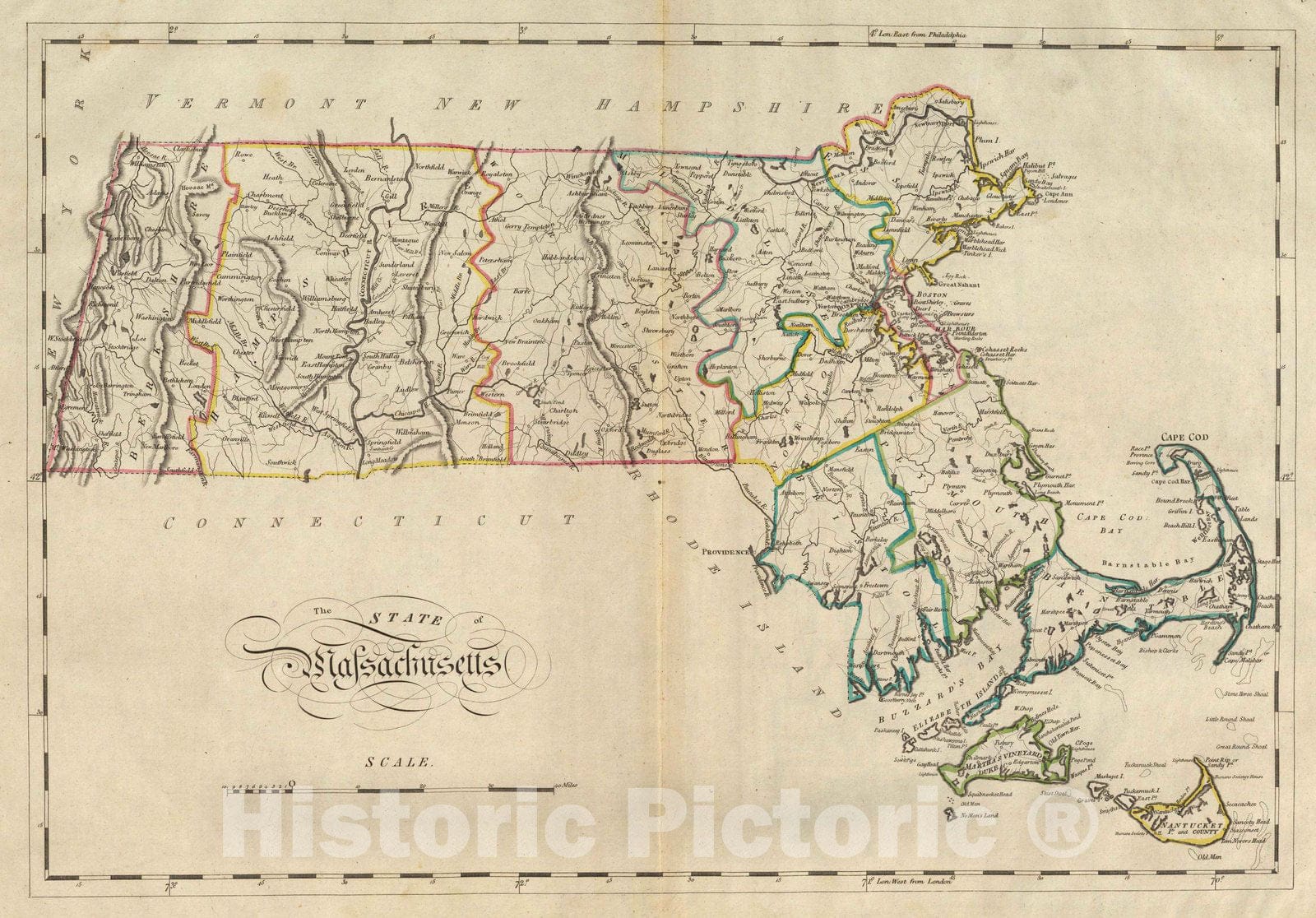 Historic Map : 1814 The State of Massachusetts : Vintage Wall Art