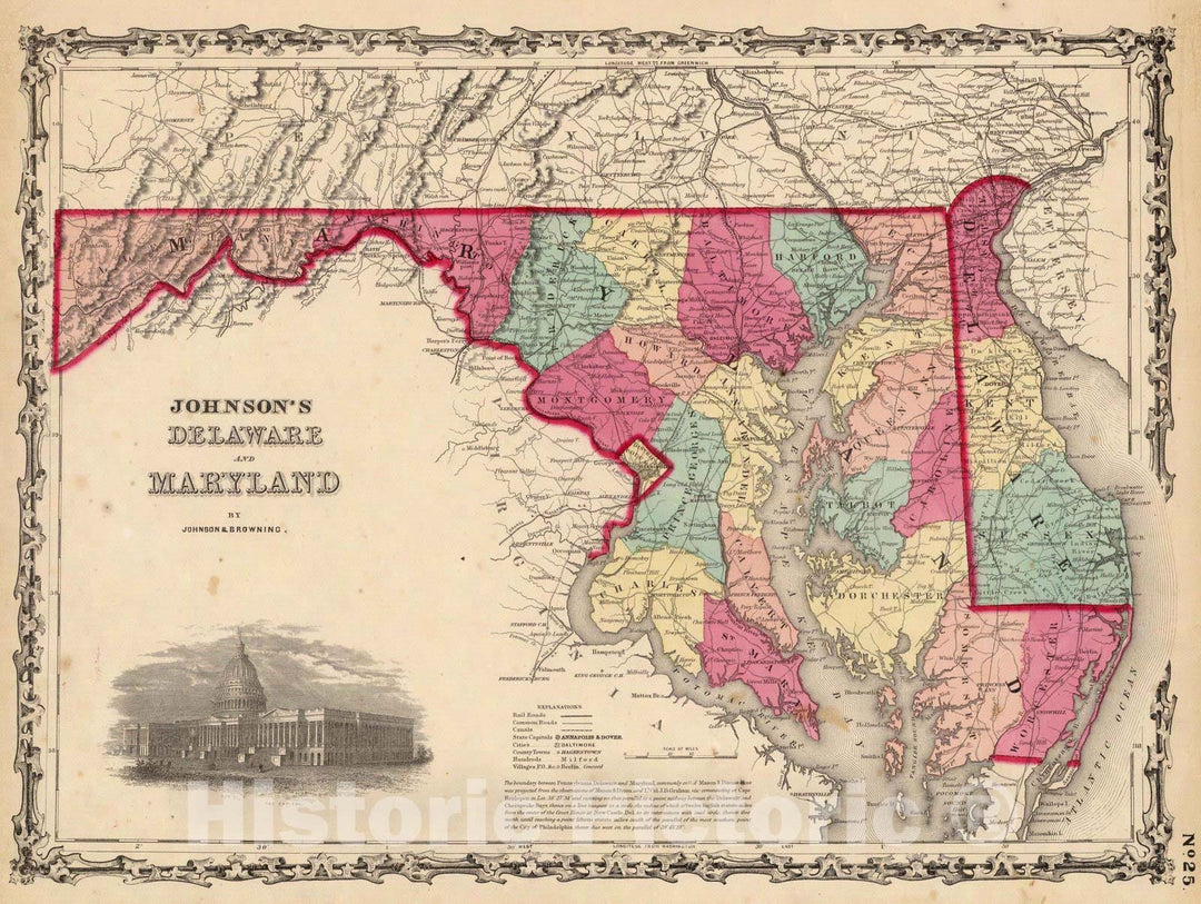 Historic Wall Map : 1860 Delaware And Maryland. - Vintage Wall Art