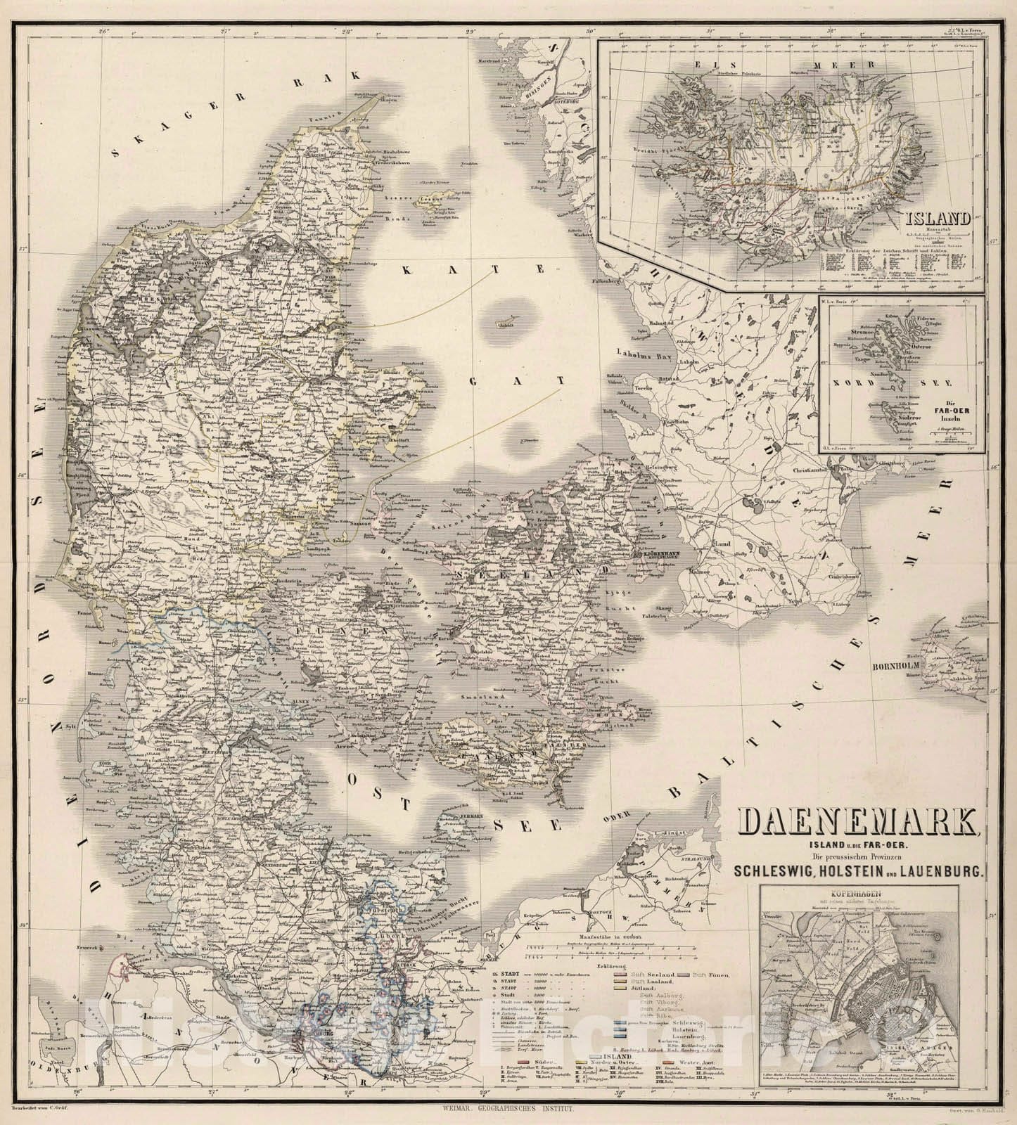 Historic Map : 1879 Denmark, Iceland, Faroe Island. Prussian Provinces Schleswig, Holstein and Lauenburg. - Vintage Wall Art