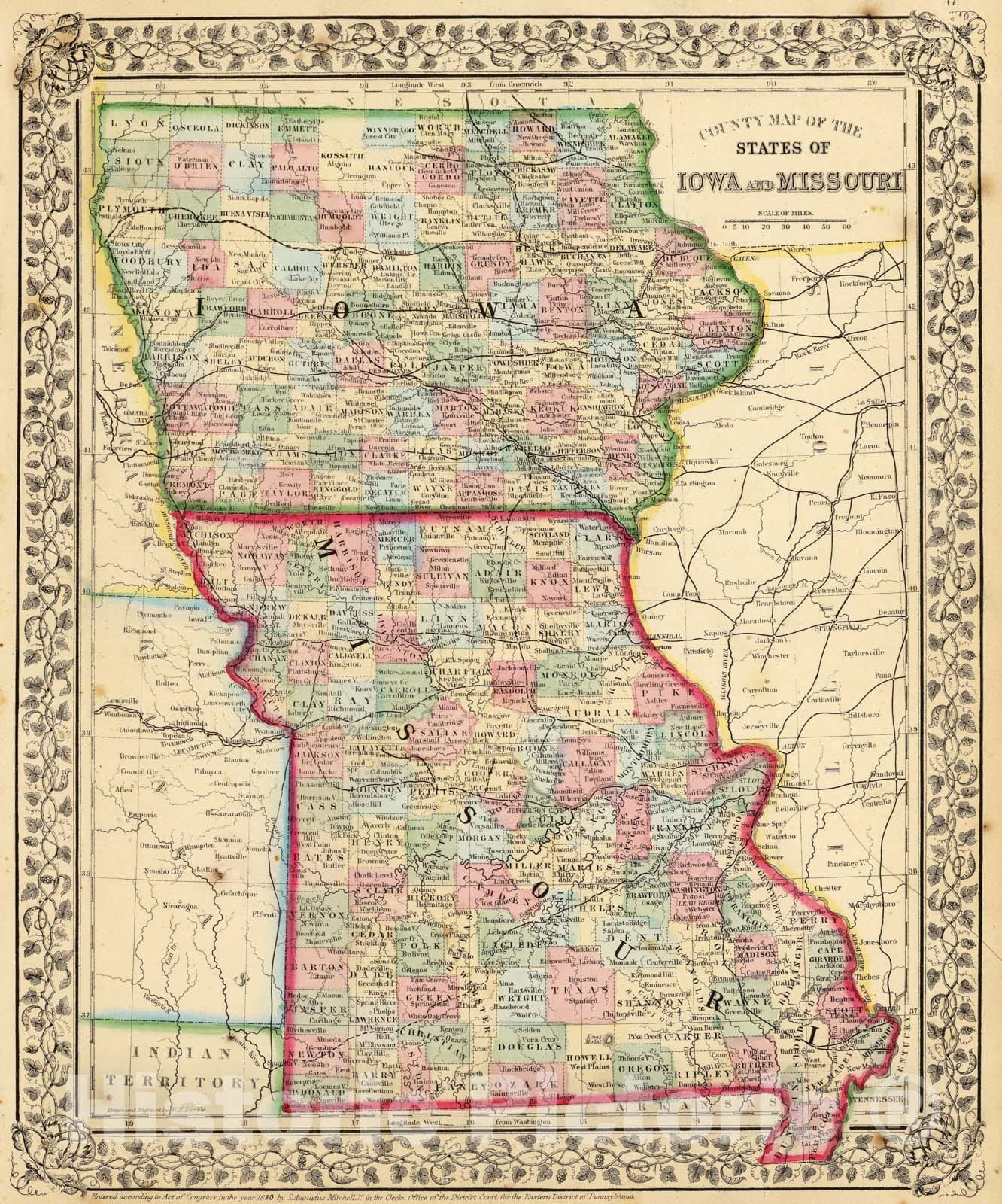 Historic Map - 1870 Iowa, Missouri. - Vintage Wall Art