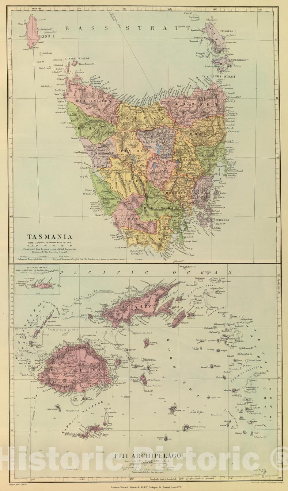 Historic Map : 1901 Tasmania, Fiji. - Vintage Wall Art