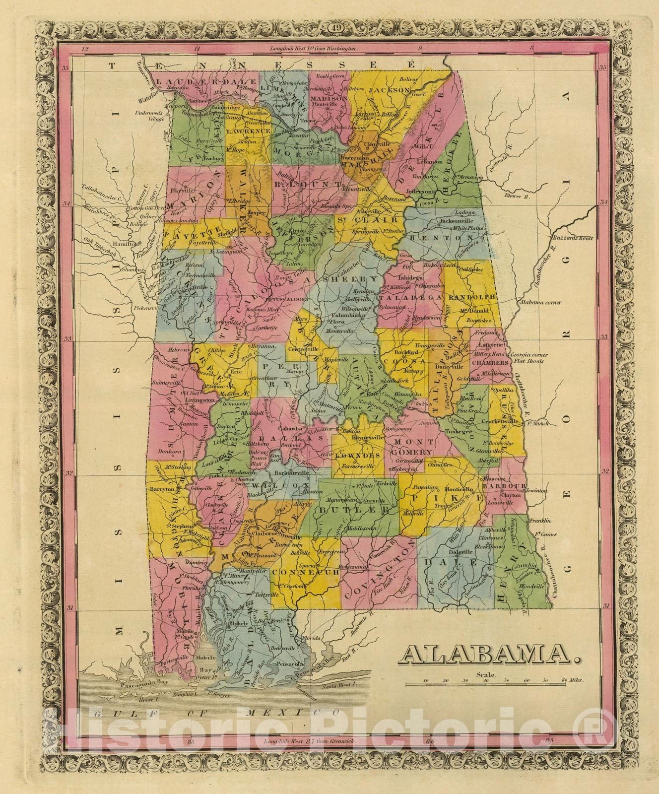 Historic Map : 1845 Alabama. v2 - Vintage Wall Art
