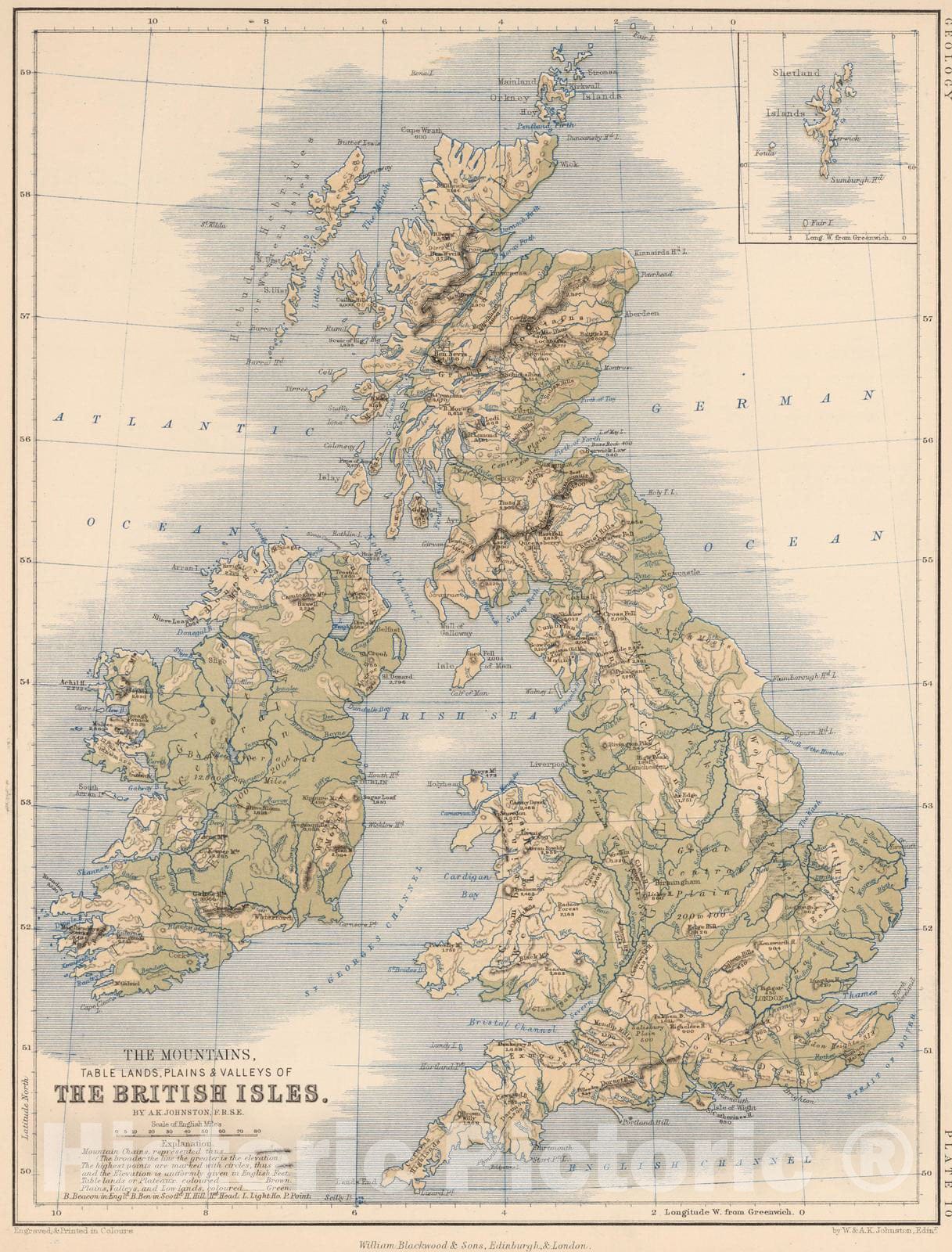 Historic Map : 1852 The Mountains, Table Lands, Plains & Valleys of the British Isles. - Vintage Wall Art