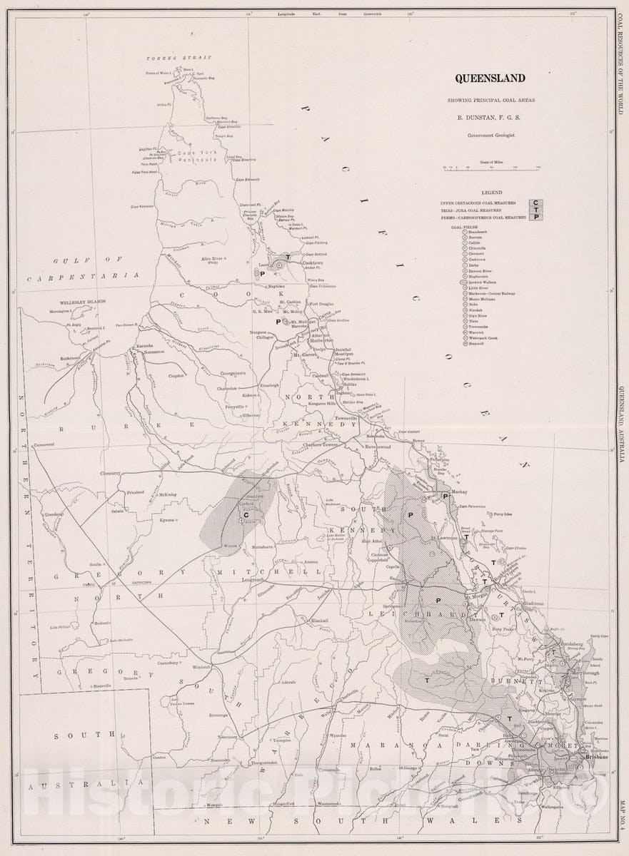 Historic Map : Geologic Atlas - 1913 Queensland, Australia. Coal Resources of the World. - Vintage Wall Art