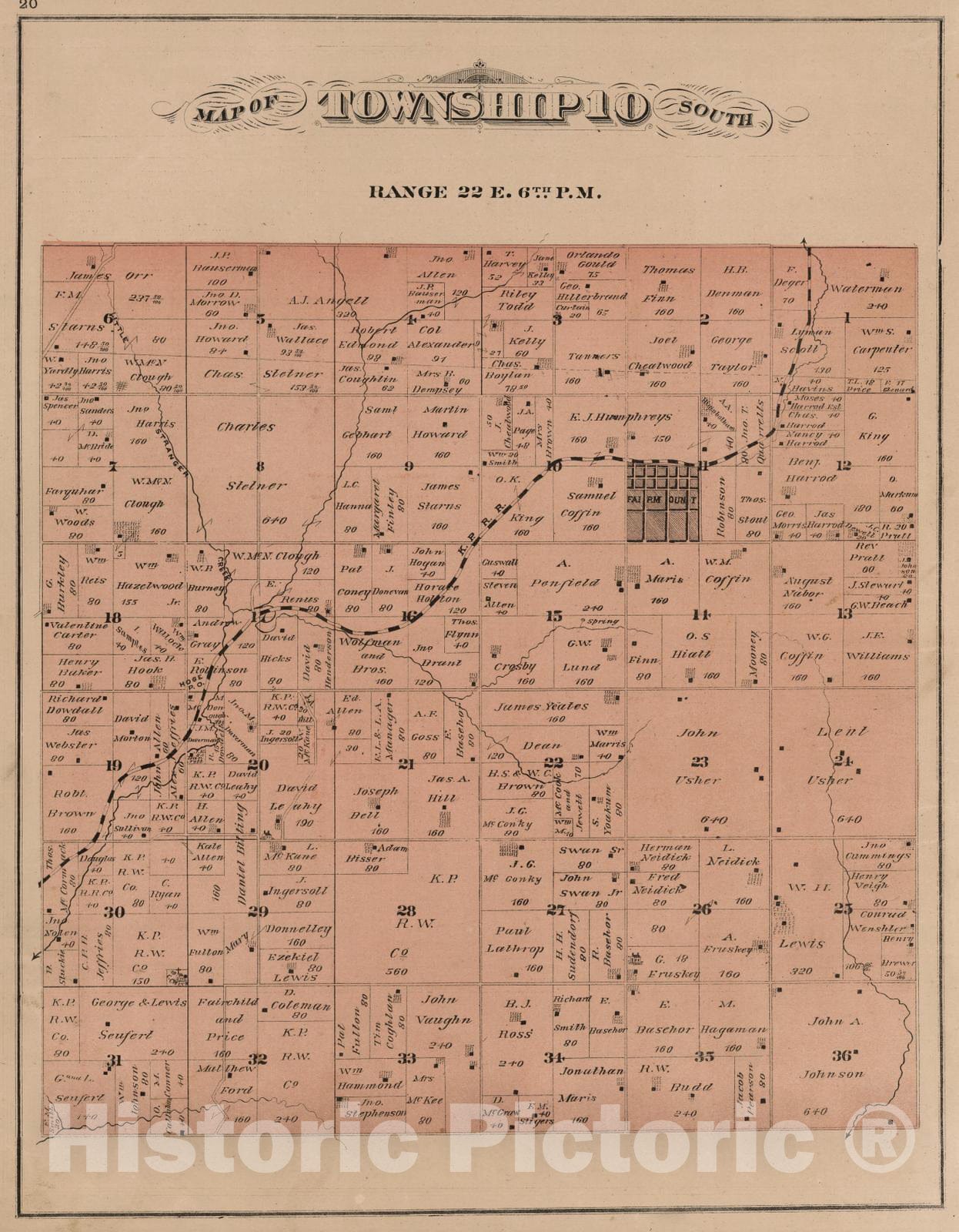 Historic Map : 1878 Township 10 South, Range 22 E, Leavenworth County, Kansas. - Vintage Wall Art