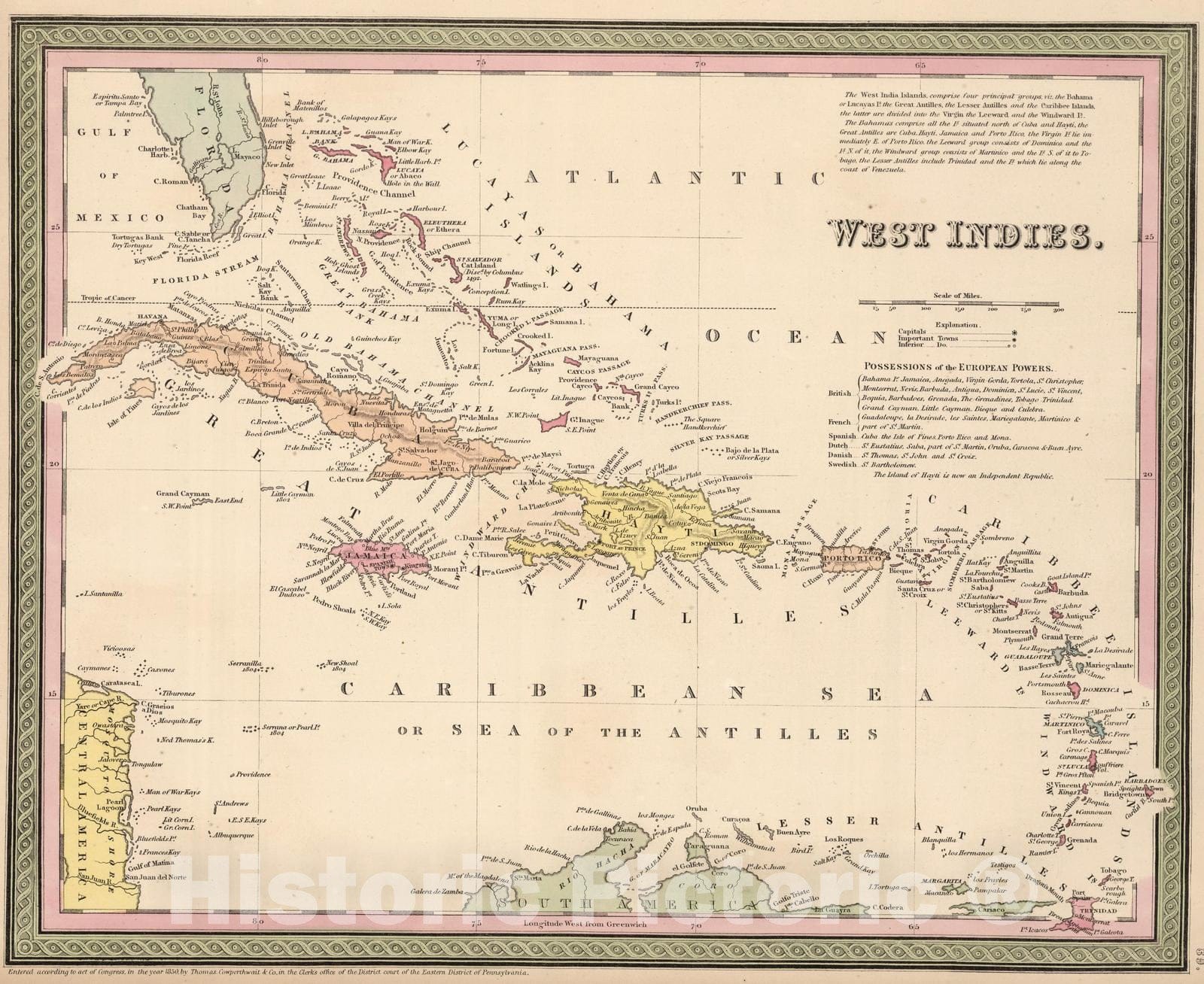 Historic Map : 1853 West Indies : Vintage Wall Art