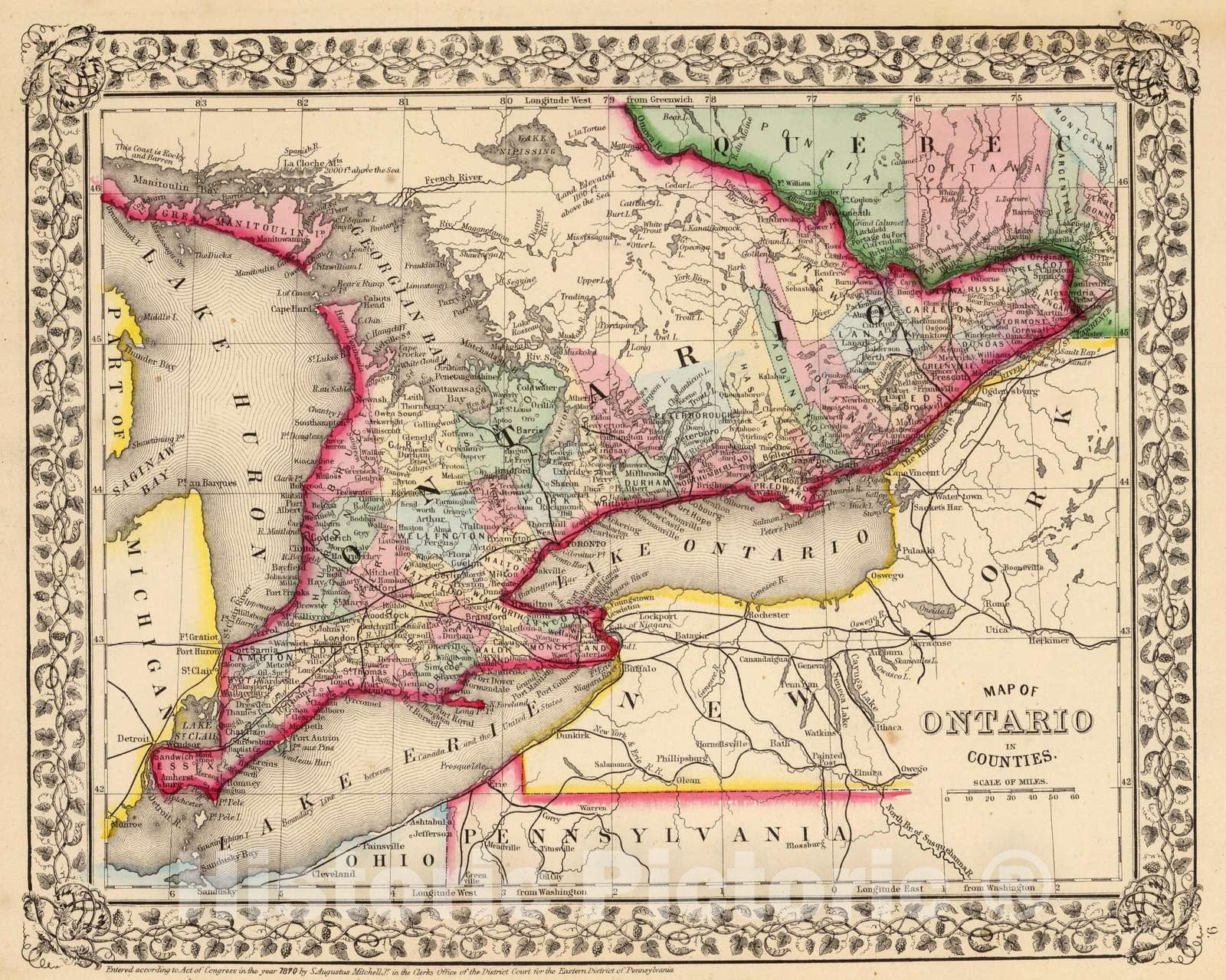 Historic Map : 1870 Ontario. - Vintage Wall Art