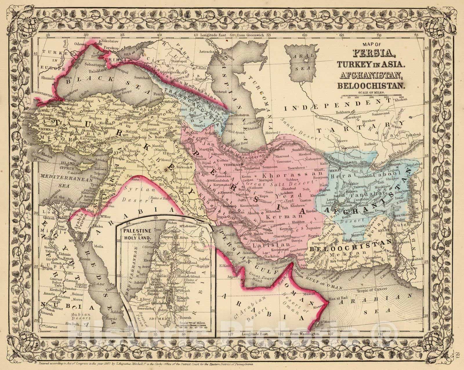 Historic Map : 1870 Persia, Turkey, Afghanistan, Beloochistan. - Vintage Wall Art