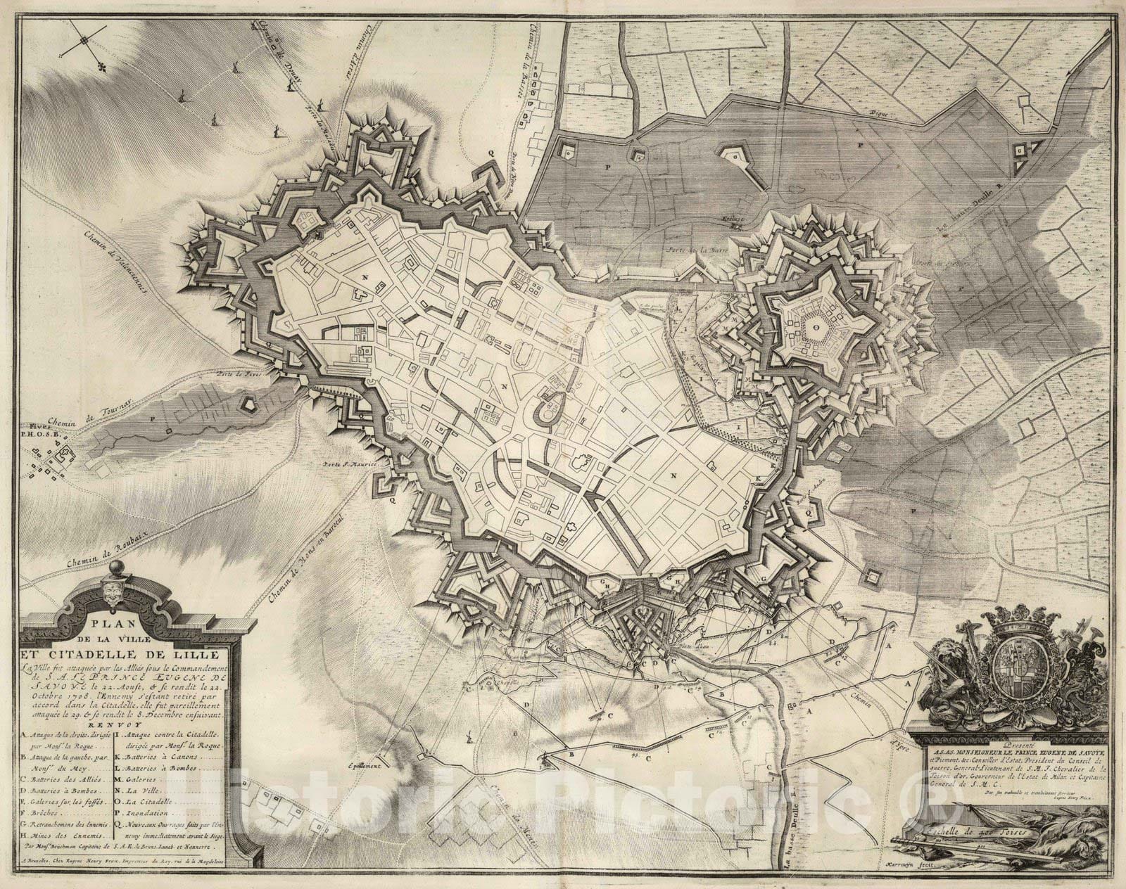 Historic Map : Lille , Belgium 1708 37. Plan de la Ville & Citadelle de Lille, Belgium, avec les Attaques. 1708. , Vintage Wall Art