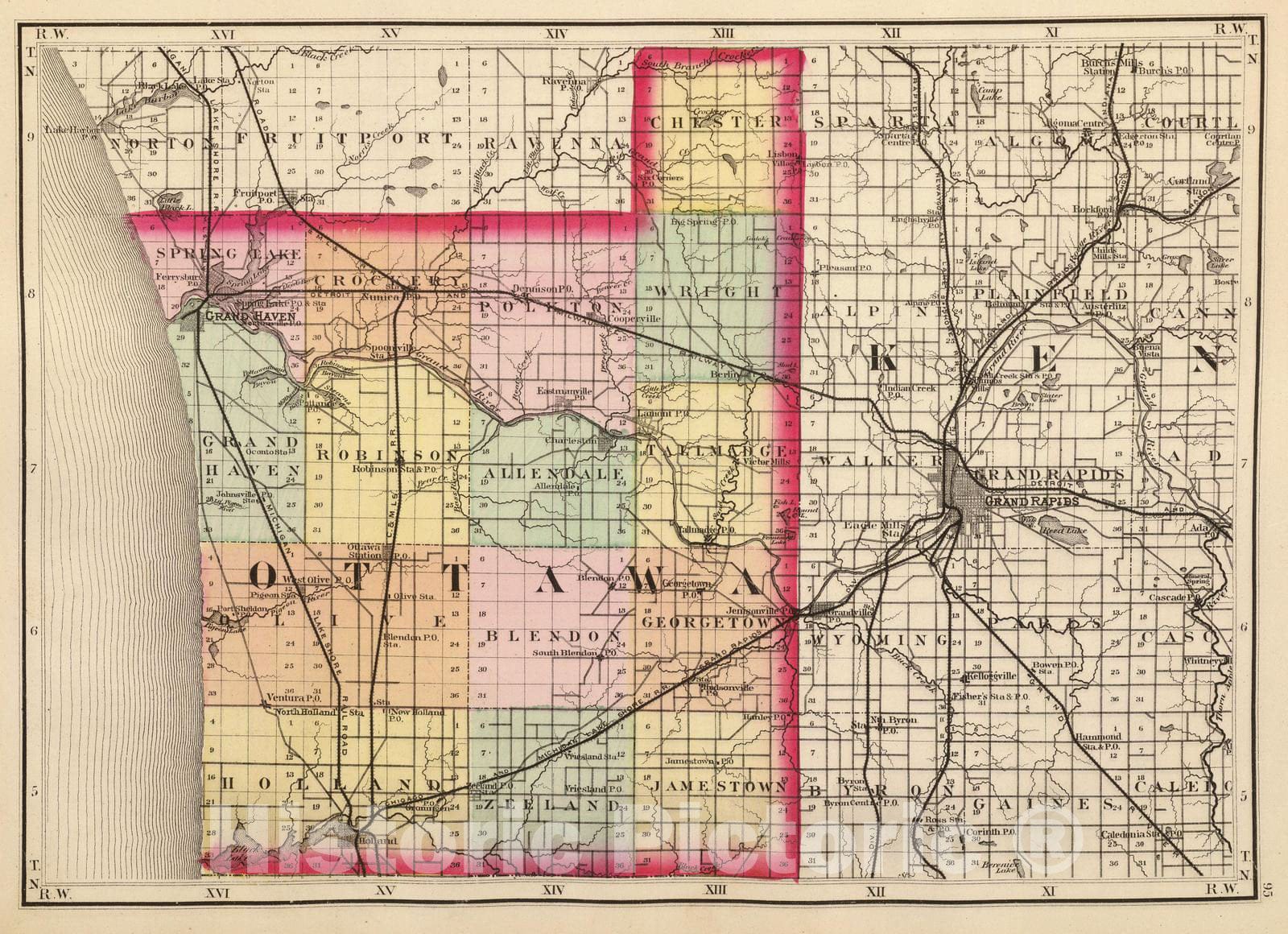 Historic Map : 1873 (Map of Ottawa County, Michigan) - Vintage Wall Art