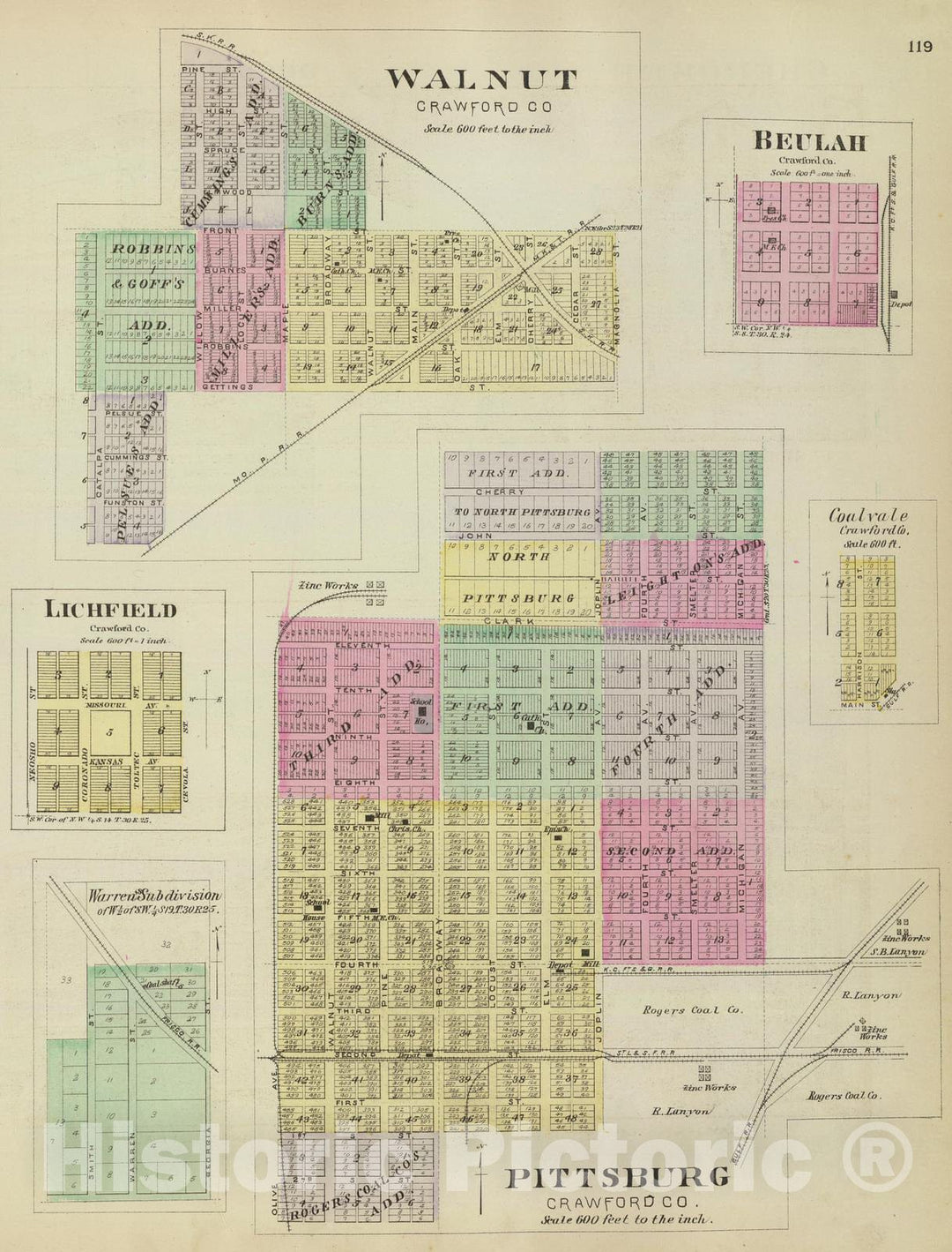 Historic Map : 1887 Pittsburg, Walnut, Beulah, Lichfield, Warren's Subdivision, Coalvale. - Vintage Wall Art
