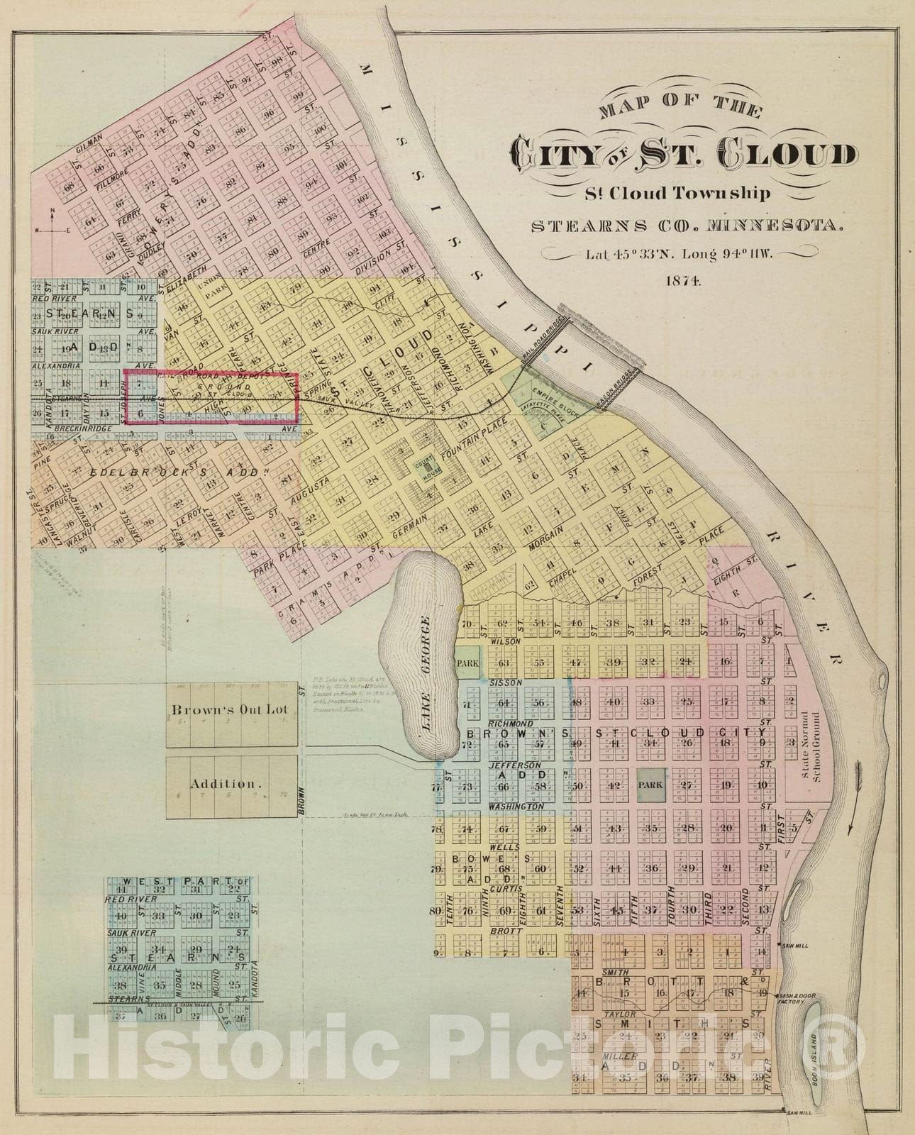 Historic Map : 1874 Map of the City of St. Cloud, Minnesota. - Vintage Wall Art
