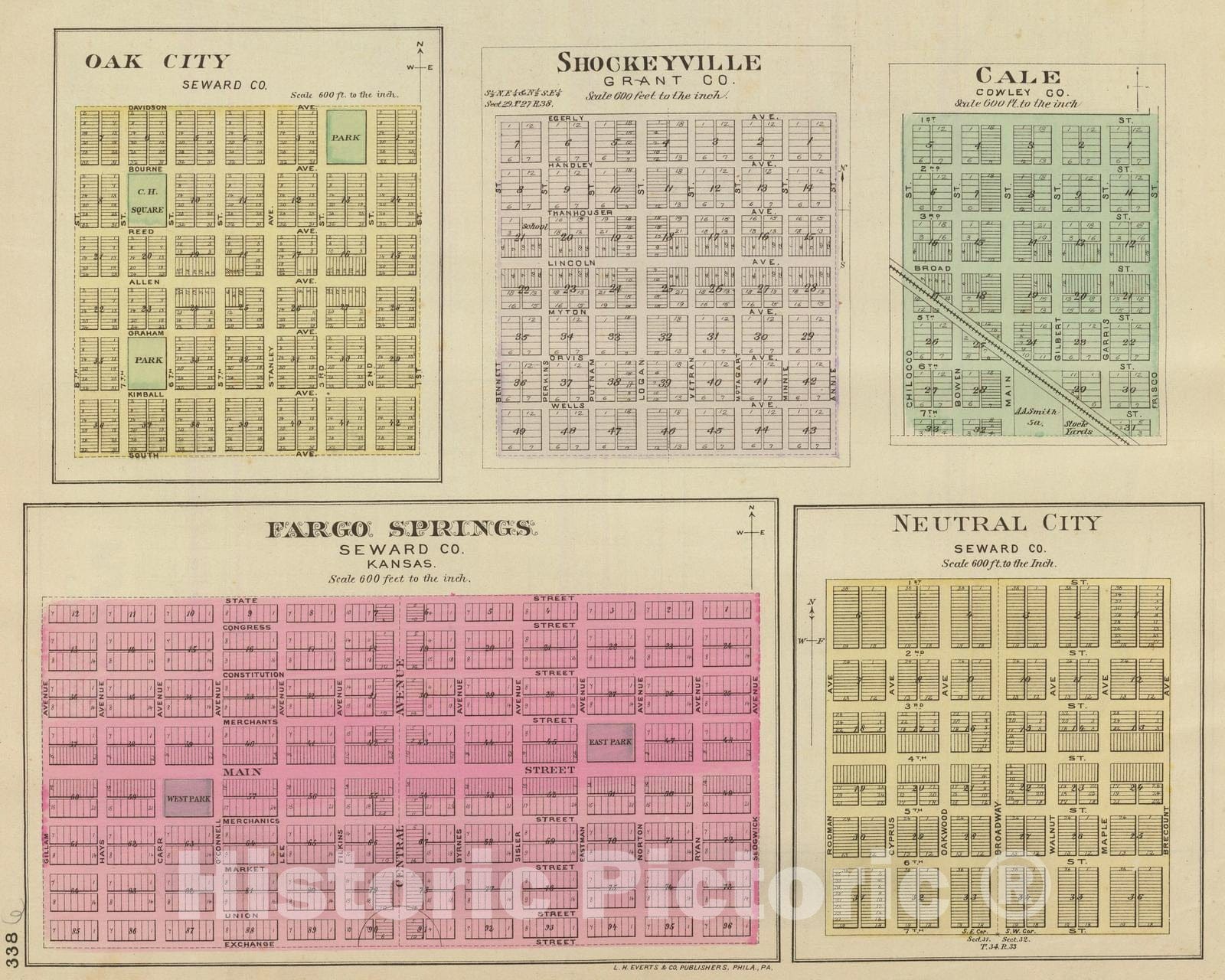Historic Map : 1887 Oak City, Shockeyville, Cale, Fargo Springs, Neutral City, Kansas. - Vintage Wall Art
