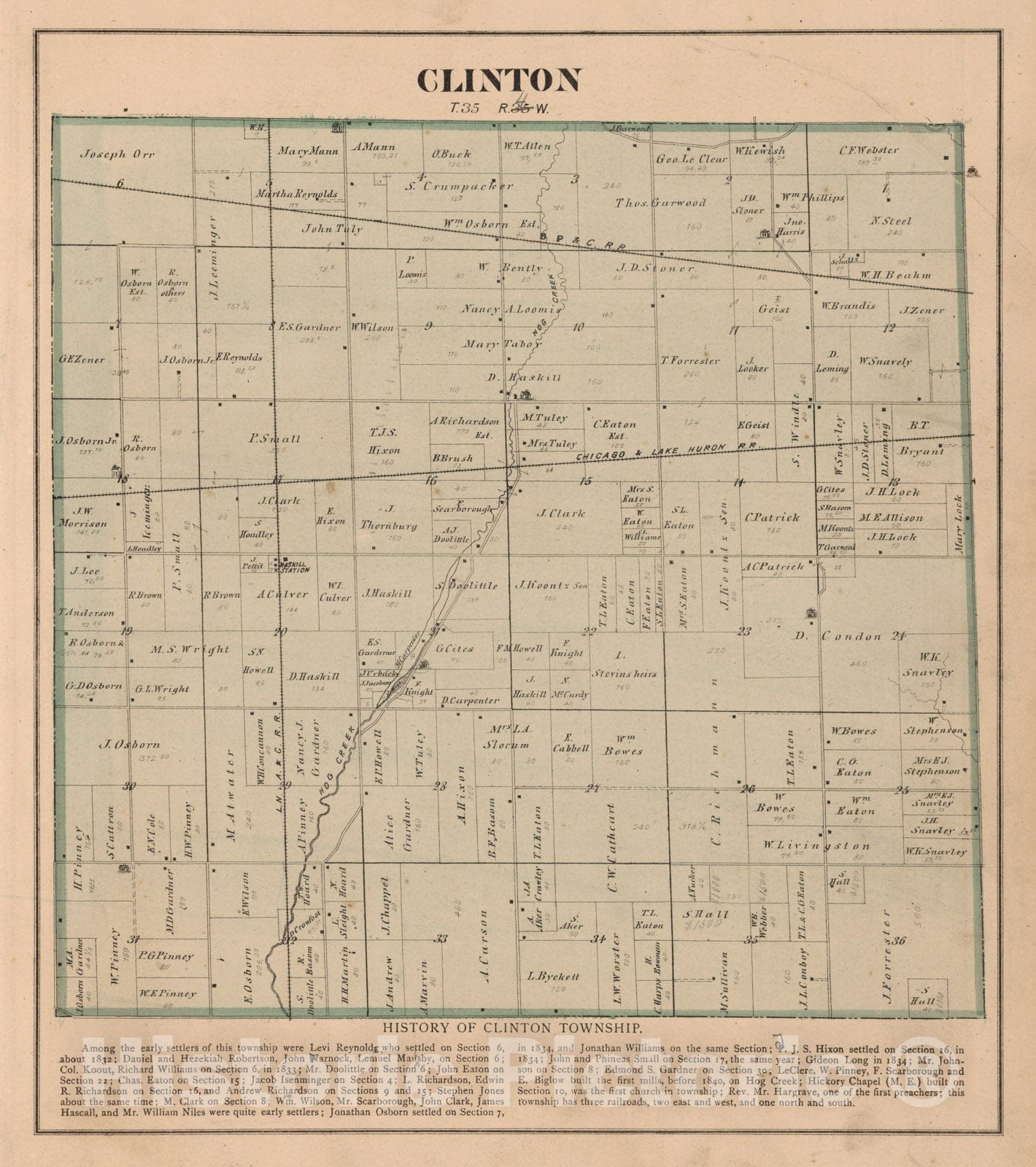 Historic Wall Map : 1874 Clinton Township, Laporte County, Indiana. - Vintage Wall Art