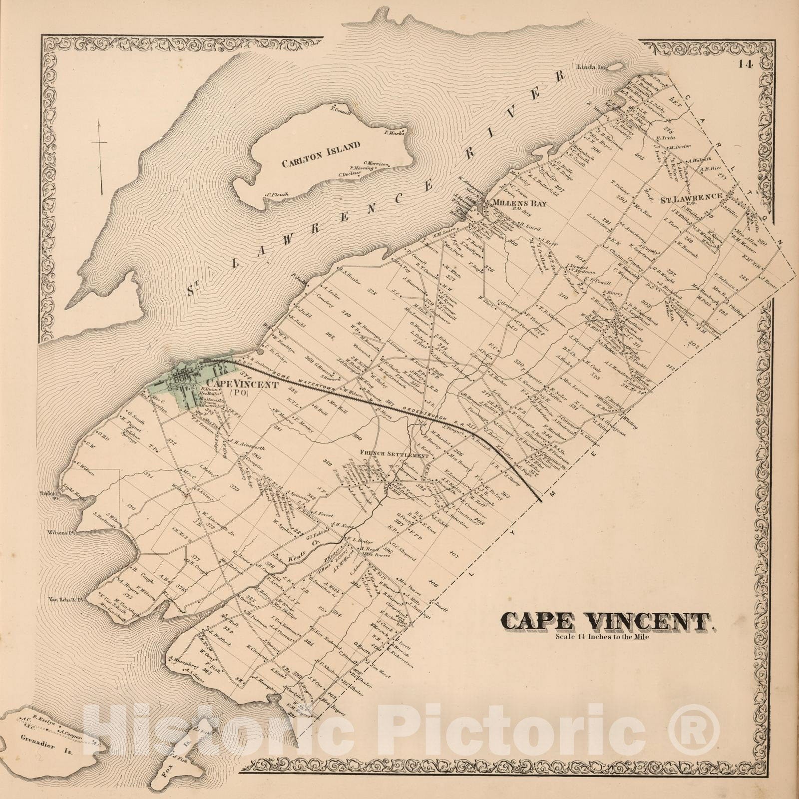Historic Map : 1864 Cape Vincent, Jefferson County, New York. - Vintage Wall Art