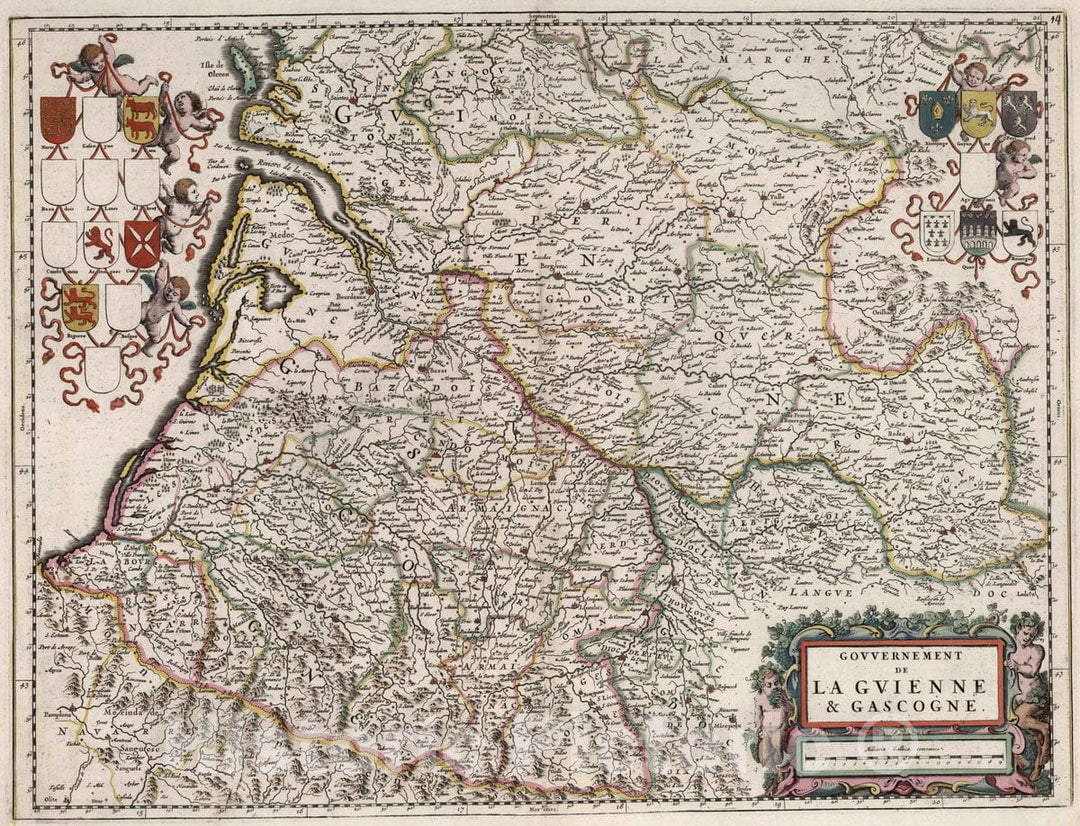 Historic Map : Dordogne , France 1682 Gouvernement de La Guienne & Gascogne. , Vintage Wall Art