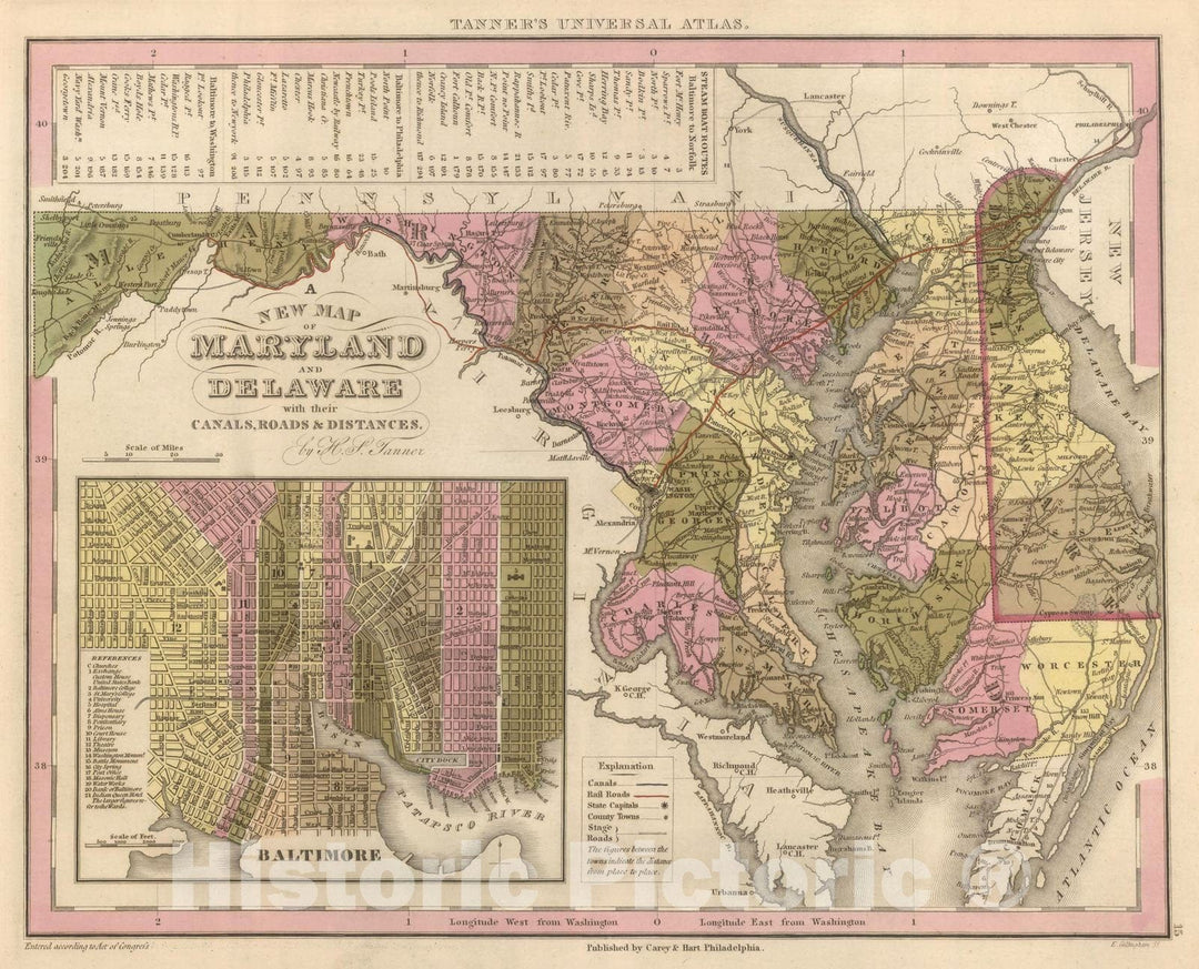 Historic Map : 1845 New Map Of Maryland and Delaware. - Vintage Wall Art