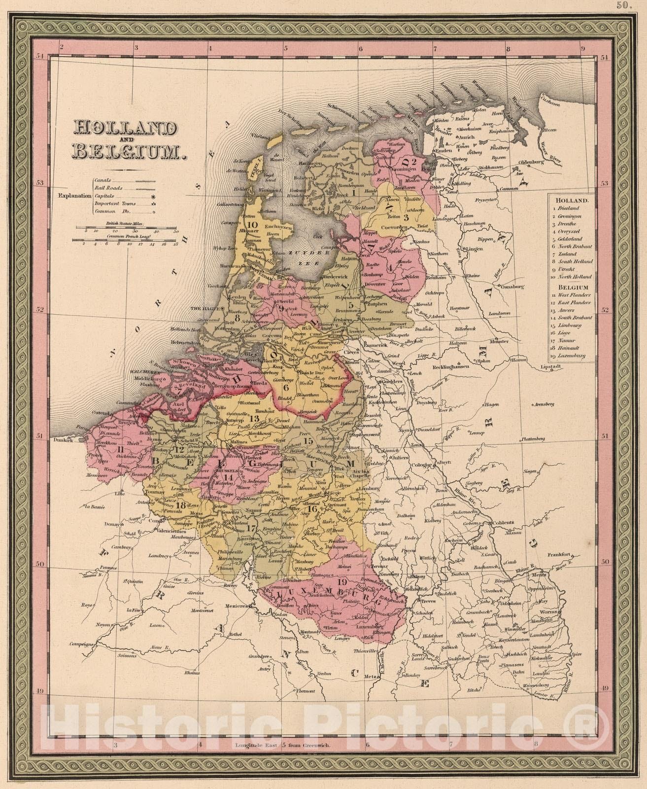 Historic Map : 1849 Holland and Belgium - Vintage Wall Art