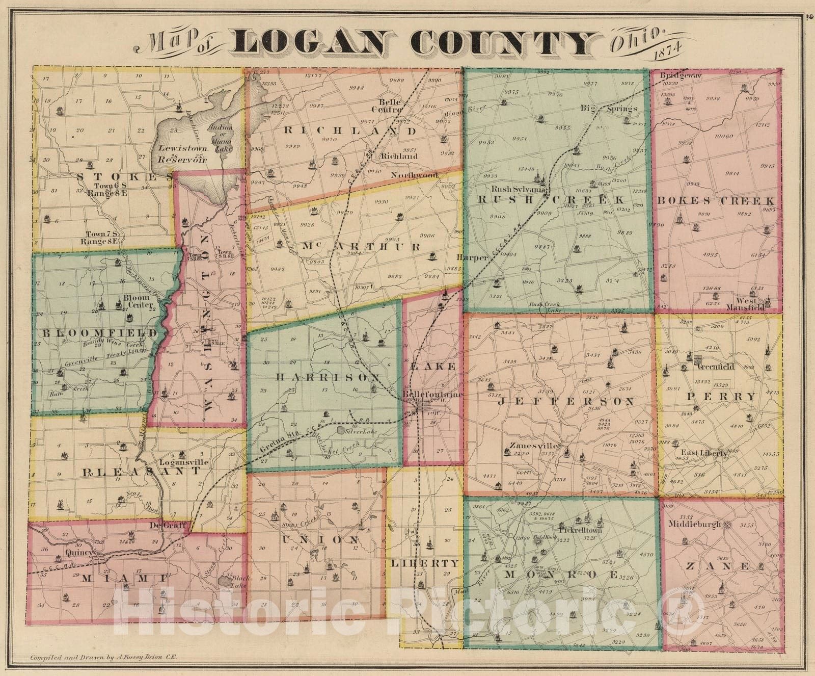 Historic Map 1875 Logan County, Ohio, 1874. Vintage Wall Art