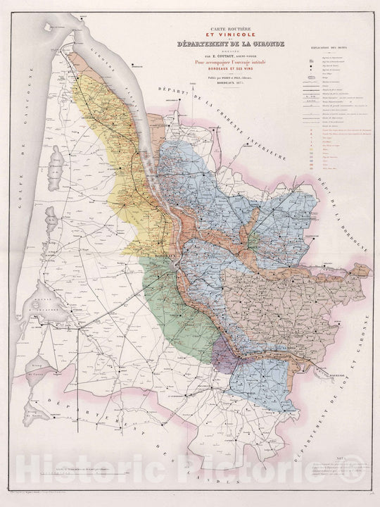 Historic Map : Bordeaux , France 1876 Carte Routiere et Vinicole Departement de la Gironde. , Vintage Wall Art