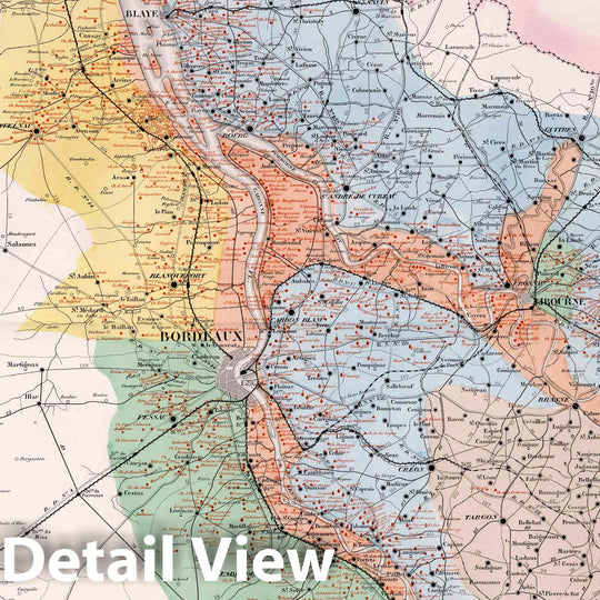 Historic Map : Bordeaux , France 1876 Carte Routiere et Vinicole Departement de la Gironde. , Vintage Wall Art