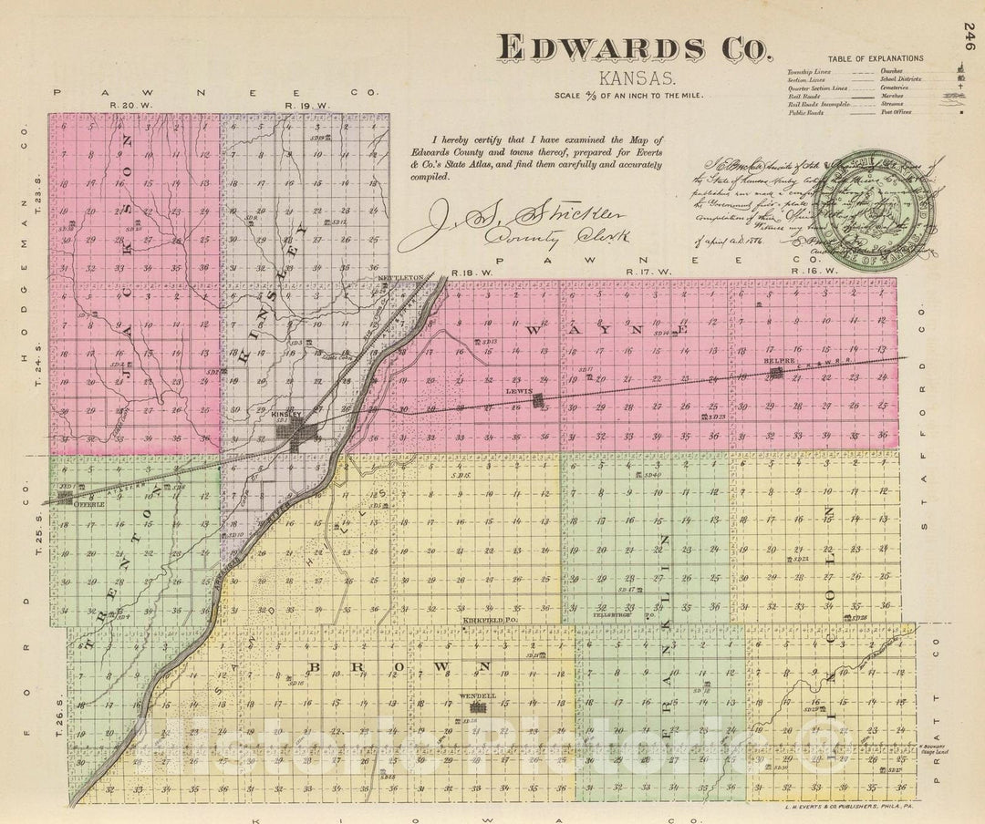 Historic Map : 1887 Edwards Co, Kansas. - Vintage Wall Art