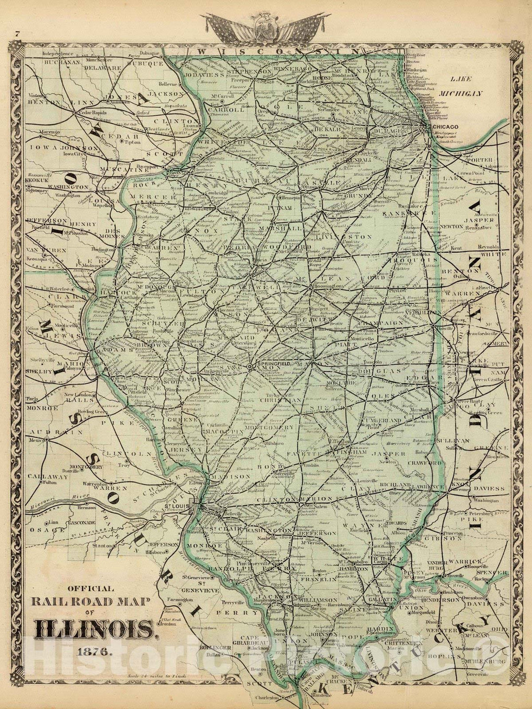 Historic Map : 1876 Official railroad map of Illinois. - Vintage Wall Art