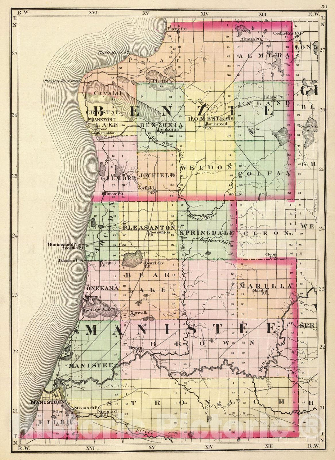 Historic Map : 1873 (Map of Benzie and Manistee counties, Michigan) - Vintage Wall Art