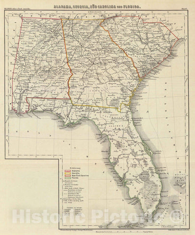 Historic Map : United States, Alabama, 1854 Alabama, Georgia, Sud Carolina und Florida. , Vintage Wall Art