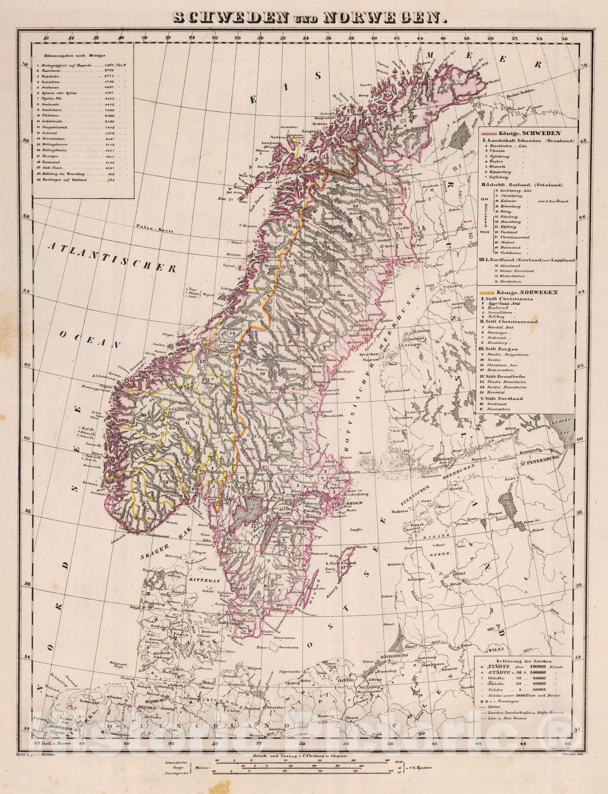 Historic Wall Map : Norway; Sweden, 1855 Schweden, Norwegen. , Vintage Wall Art