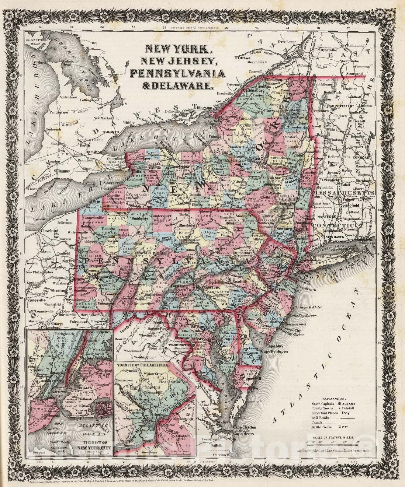 Historic Map : 1858 New York, New Jersey, Pennsylvania, and Delaware. - Vintage Wall Art