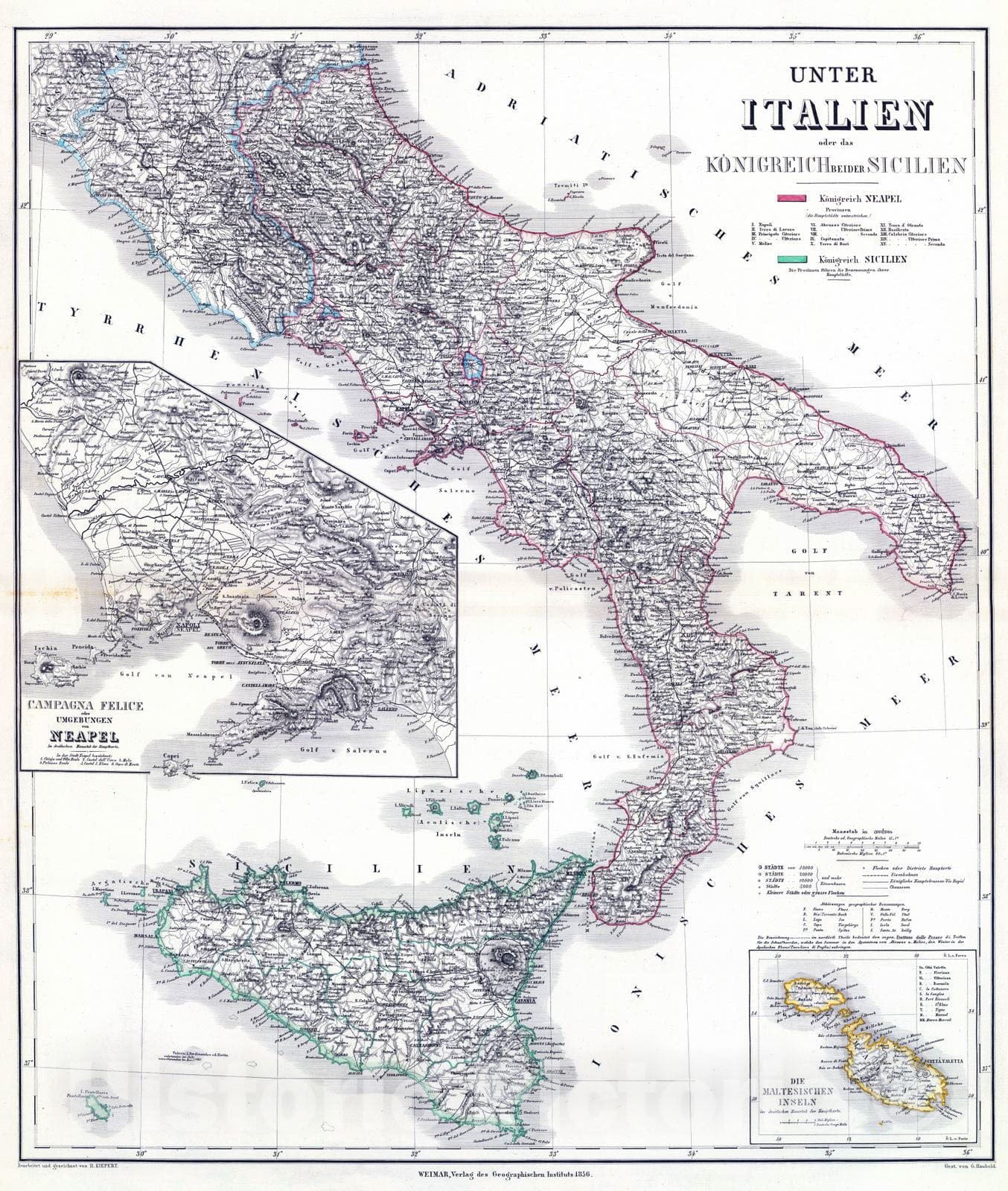 Historic Map : Italy; Malta, Naples Region (Italy) 1856 Unter Italien, beider Sicilien. , Vintage Wall Art