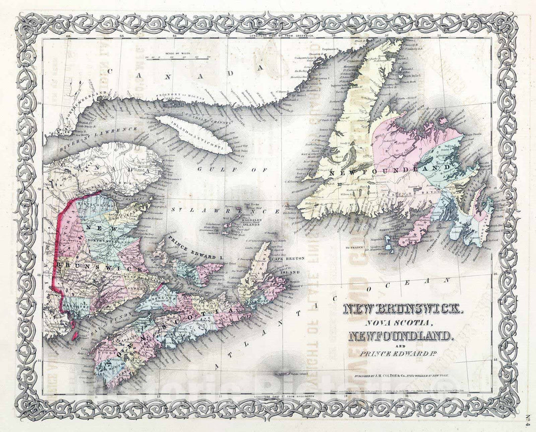 Historic Map : National Atlas - 1857 New Brunswick, Nova Scotia, Newfoundland, and Prince Edward Id. - Vintage Wall Art