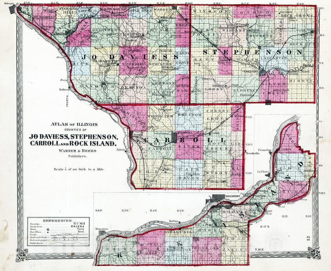 Historic Map : National Atlas - 1872 Atlas of Illinois, Counties of Jo Daviess, Stephenson, Carroll and Rock Island. - Vintage Wall Art
