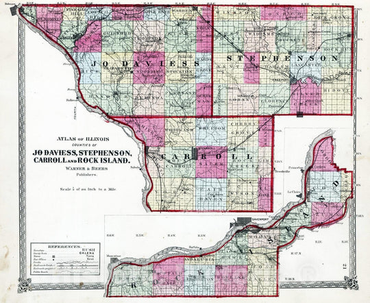 Historic Map : National Atlas - 1872 Atlas of Illinois, Counties of Jo Daviess, Stephenson, Carroll and Rock Island. - Vintage Wall Art