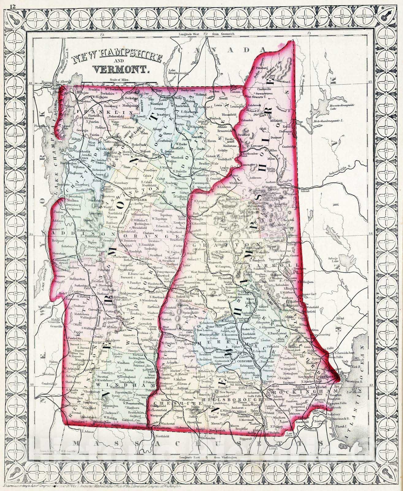Historic Map : National Atlas - 1874 New Hampshire and Vermont. - Vintage Wall Art