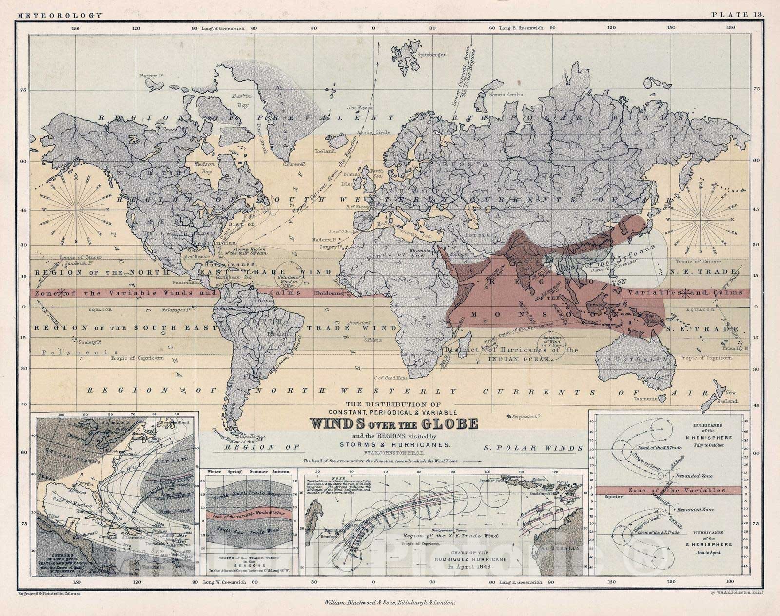 Historic Map : 1852 Winds and the Regions visited by Storms & Hurricanes. - Vintage Wall Art