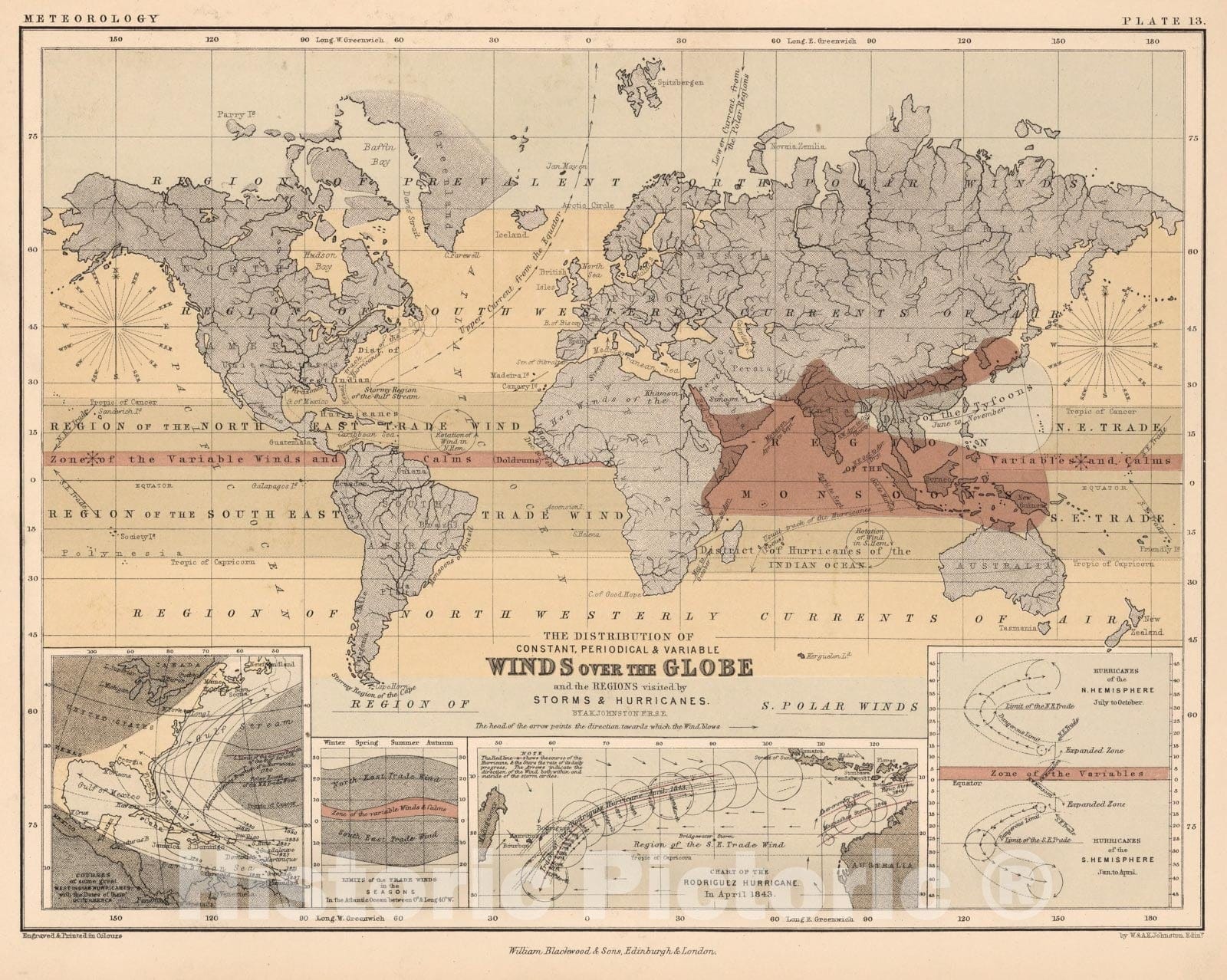 Historic Map : 1852 Winds and the Regions visited by Storms & Hurricanes. - Vintage Wall Art
