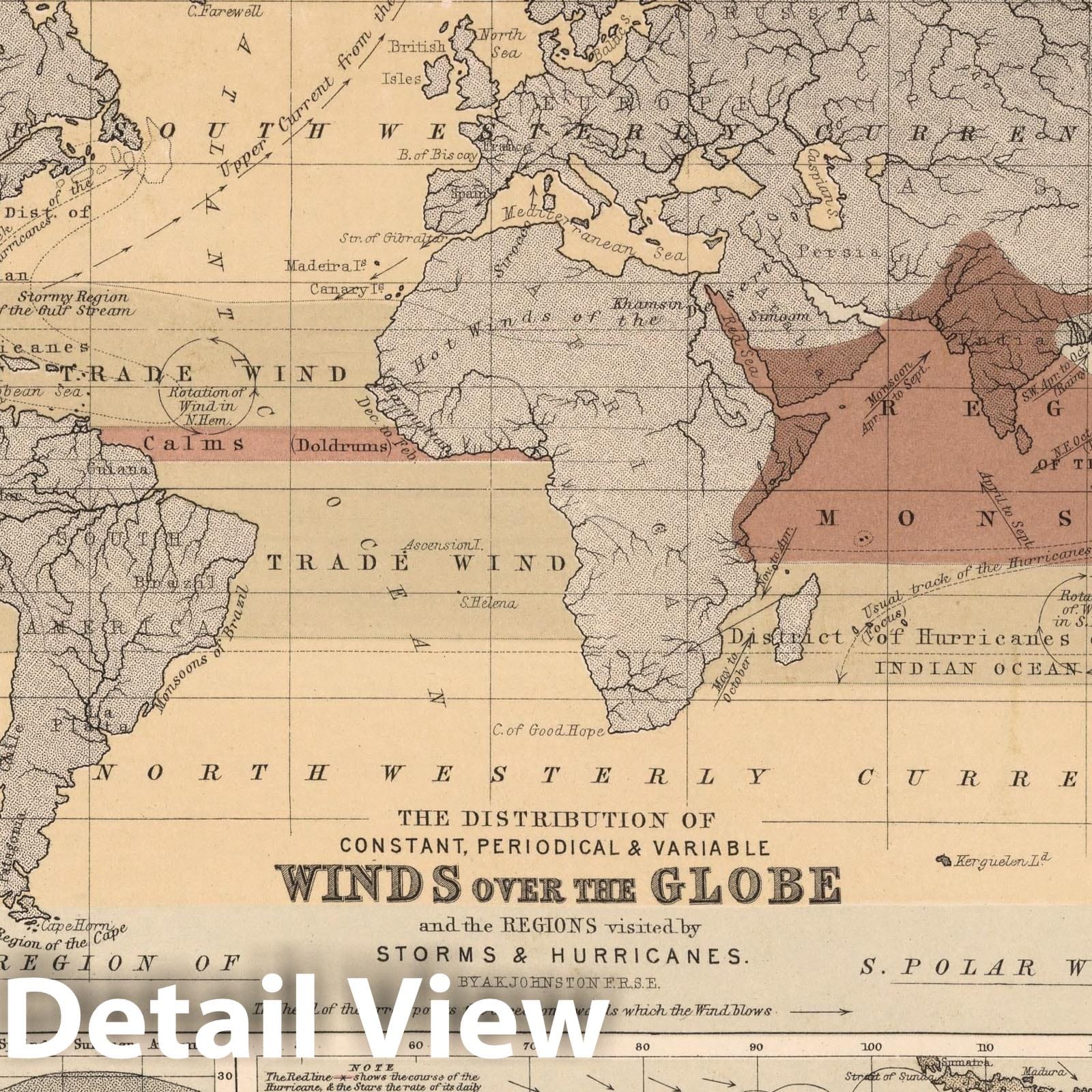 Historic Map : 1852 Winds and the Regions visited by Storms & Hurricanes. - Vintage Wall Art