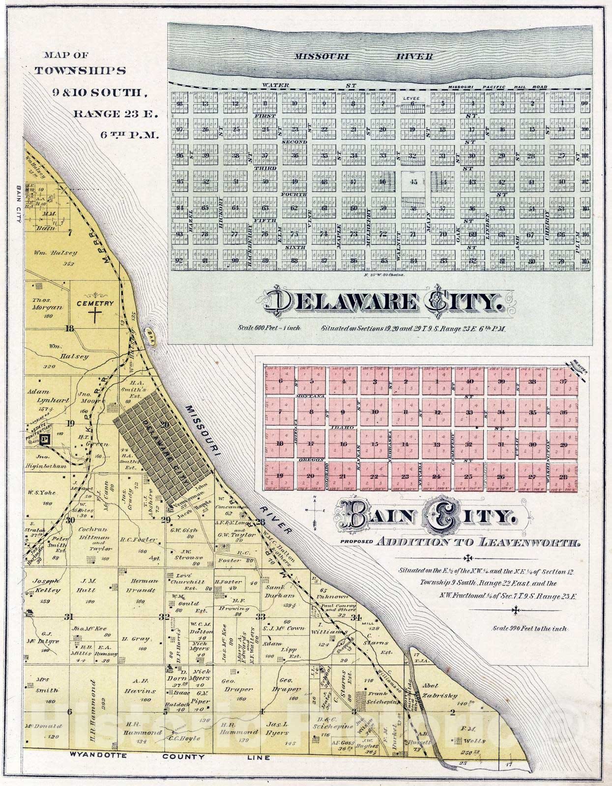 Historic Map : 1878 Townships 9 and 10 South, Range 23 E, Leavenworth County, Kansas. Delaware City. Bain City. - Vintage Wall Art
