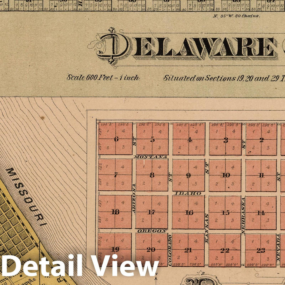 Historic Map : 1878 Townships 9 and 10 South, Range 23 E, Leavenworth County, Kansas. Delaware City. Bain City. - Vintage Wall Art