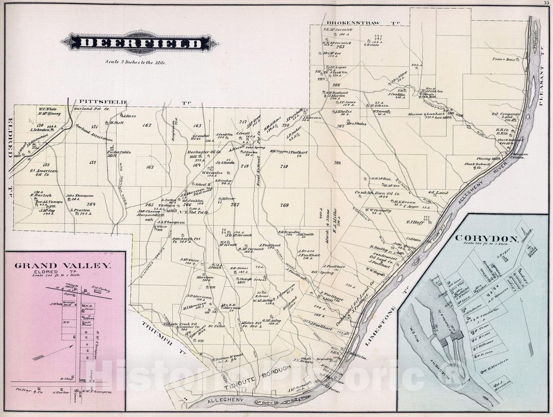 Historic Map : 1878 Deerfield, Warren County, Pennsylvania. Grand Valley. Corydon. - Vintage Wall Art