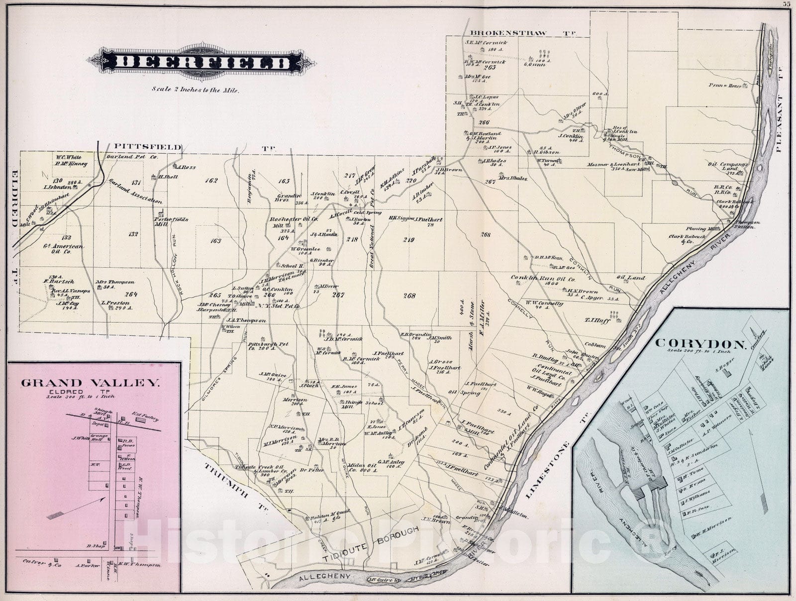Historic Map : 1878 Deerfield, Warren County, Pennsylvania. Grand Valley. Corydon. - Vintage Wall Art
