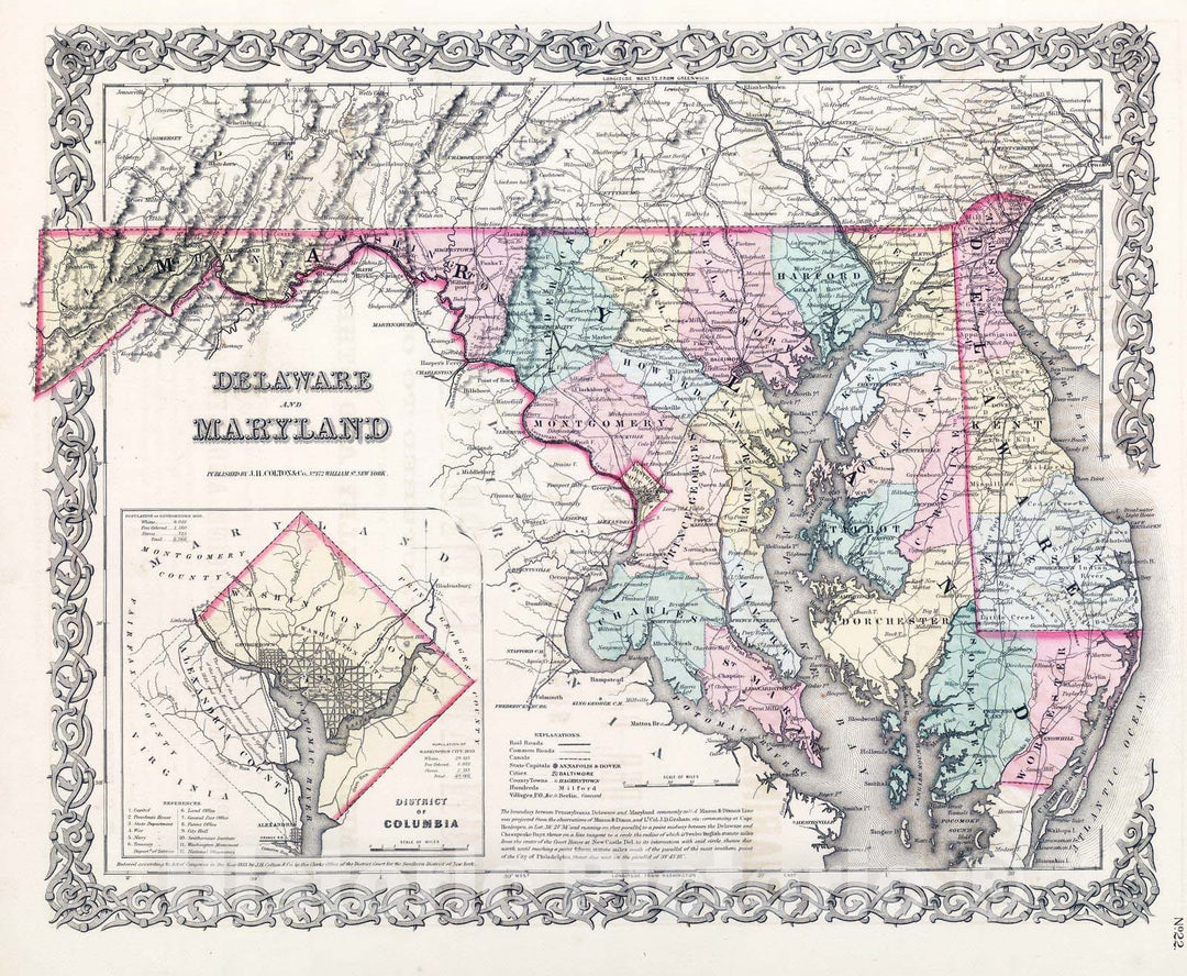 Historic Map : National Atlas - 1857 Delaware And Maryland. - Vintage Wall Art