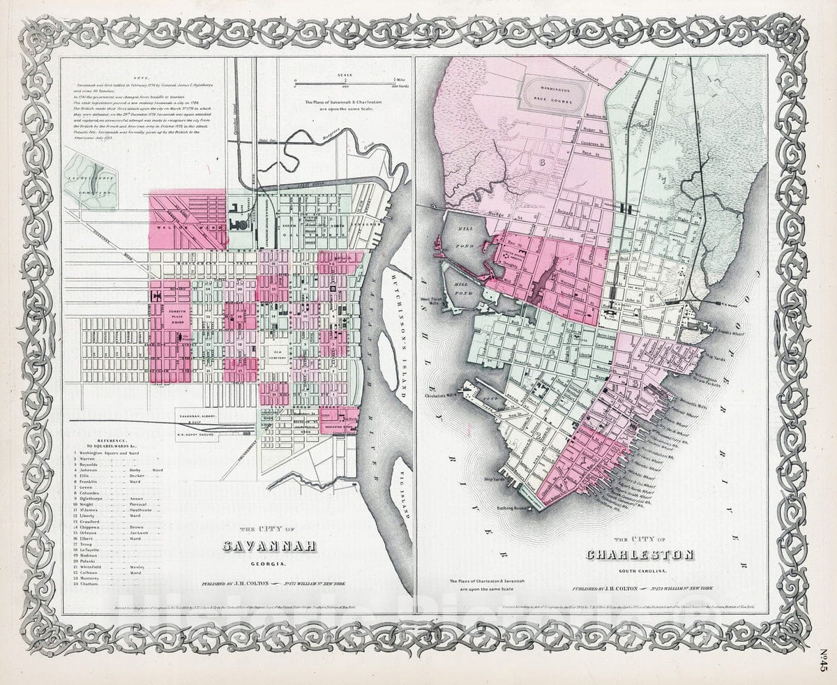 Historic Map : 1865 Savannah, Georgia. Charleston, South Carolina. - Vintage Wall Art